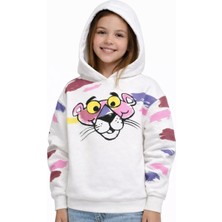 Escabel Kız Çocuk Sweat Shirt Kapüşonlu Pembe Panter Baskılı Kırık Beyaz 8 Yaş