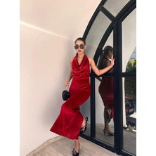 Betül Nayır Degaje Yaka Kadife Elbise -Kırmızı