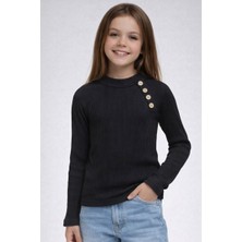 Woorage Kız Çocuk Siyah Yarım Balıkçı Yaka Kaşkorse Sweatshirt Body – Düğme Aksesuarlı, Pamuklu ve Esnek Kumaş