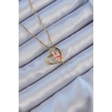 Nehir 316L Çelik Zincir Altın Renk Mineli Kelebek Figür Zirkon Taşlı Kalp Kolye