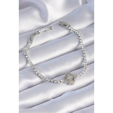 Nehir Pirinç Gümüş Renk Zirkon Taşlı Yonca Model Kadın Bileklik