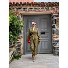 Comstar Kadın Tesettür Kimono Bol Pantolon Haki Ikili Takım