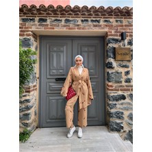 Comstar Kadın Tesettür Kimono Bol Pantolon Camel Ikili Takım