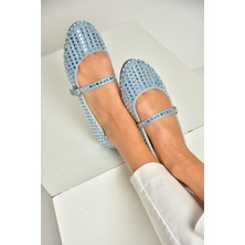Fox Shoes U726634504 Mavi Kot Kumaş Taş Detaylı Kadın Babet
