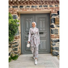 Comstar Kadın Tesettür Kimono Bol Pantolon Gri Ikili Takım