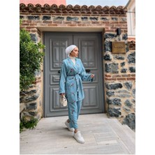 Comstar Kadın Tesettür Kimono Bol Pantolon Mavi Ikili Takım