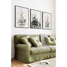 KutuTR Siyah Çerçeveli 2d Uv Baskı 3’lü Mdf Tablo Set – Islami Hat Yazısı ve Cami Mimarisi -Siyah CRV1092
