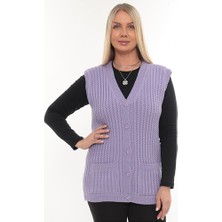 Kadın V Yaka Kışlık Kalın Yün Saç Örgü Modelli Triko Düğmeli Cepli Anne Yelek