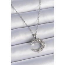 Stainles Steel 316L Çelik Zincir Gümüş Renk Zirkon Taşlı Ay Kolye