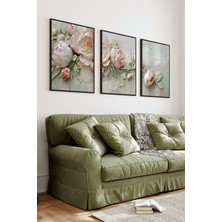 KutuTR Siyah Çerçeveli 2d Uv Baskı 3’lü Mdf Tablo –pastel Şakayık Çiçek Temalı Zarif Tasarım- Siyah CRV1057