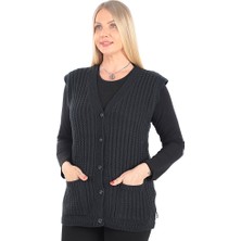 Kadın V Yaka Kışlık Kalın Yün Saç Örgü Modelli Triko Düğmeli Cepli Anne Yelek