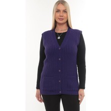 Kadın V Yaka Kışlık Kalın Yün Saç Örgü Modelli Triko Düğmeli Cepli Anne Yelek