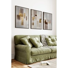 KutuTR Siyah Çerçeveli 2d Uv Baskı 3’lü Mdf Tablo Set – Soyut Geometrik Altın ve Bej Tonlar- Siyah CRV1255