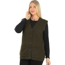 Kadın V Yaka Kışlık Kalın Yün Saç Örgü Modelli Triko Düğmeli Cepli Anne Yelek