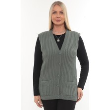 Kadın V Yaka Kışlık Kalın Yün Saç Örgü Modelli Triko Düğmeli Cepli Anne Yelek