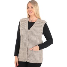 Kadın V Yaka Kışlık Kalın Yün Saç Örgü Modelli Triko Düğmeli Cepli Anne Yelek