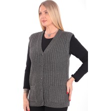 Kadın V Yaka Kışlık Kalın Yün Saç Örgü Modelli Triko Düğmeli Cepli Anne Yelek