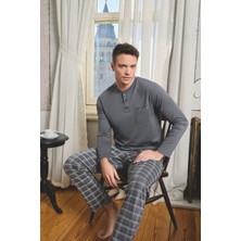 Pijamoni Erkek Pamuklu Ekose Gömlek Yaka Düğmeli Gri Pijama Takımı