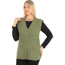 Kadın V Yaka Kışlık Kalın Yün Saç Örgü Modelli Triko Düğmeli Cepli Anne Yelek