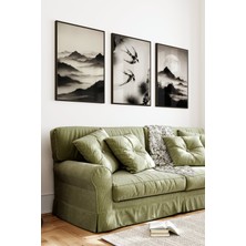 KutuTR Siyah Çerçeveli 2d Uv Baskı 3’lü Mdf Tablo Set – Ay Işığında Dağlar ve Kuşlar Temalı-Siyah CRV1108