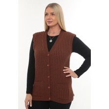 Kadın V Yaka Kışlık Kalın Yün Saç Örgü Modelli Triko Düğmeli Cepli Anne Yelek