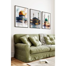 KutuTR Siyah Çerçeveli 2d Uv Baskı 3’lü Mdf Tablo Set –kâbe, Mescid-I Aksa ve Mescid-I Nebevi-Siyah CRV1182