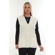 Kadın V Yaka Kışlık Kalın Yün Saç Örgü Modelli Triko Düğmeli Cepli Anne Yelek