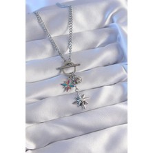 Nehir 316L Çelik Zincir Gold Renk Renkli Mineli Zirkon Taşlı Kutup Yıldızlı Kolye