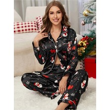 Jermo Kadın Saten Yılbaşı Temalı Ipeksi Dokulu Saten Pijama Takımı