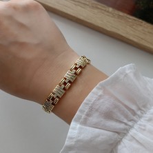 Lente Aksesuar 14K Altın Kaplama Zirkon Taşlı Kare Desen Detaylı Kadın Bileklik