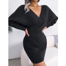 Livizmir Moda Kadın Uzun Kollu Kruvaze Geniş Yakalı Mini Triko Elbise