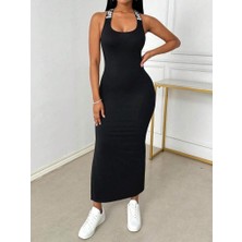 Livizmir Moda Kadın Yuvarlak Yaka Sırttan Çapraz Şerit Love Detaylı Yırtmaçlı Viskon Elbise