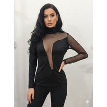 Livizmir Moda Kadın Uzun Kollu Balıkçı Yaka Önü Asimetrik Transparan Detay Bluz