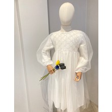 Uhde Store Kız Çocuk Ekru Tül Elbise Uzun Kollu Tesettür Özel Gün Elbisesi Pamuk Astarlı