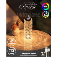 Rgb LED Dokunmatik Masa Lambası, USB Şarjlı, Kristal Elmas Tasarım