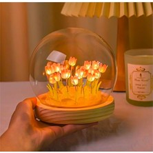 Laleli Fanus Içinde Ledli Masa ve Gece Lambası, Şık Dekorasyon Parçası