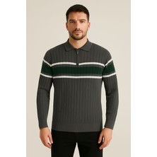 Polo Mirage Polo Mırage Fermuarlı Yeşil Çizgili Polo Triko