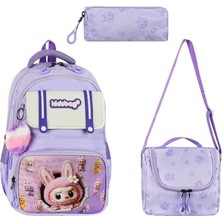 Baginn Ilkokul Kız Çocuk Çantası 3'lü Set Labubu Benzeri 40*30 cm Beslenme Çantası Kalem Kutusu Ortopedik