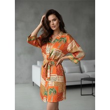 Jermo Kadın Saten Baskılı Ipeksi Kumaş ve Kemerli Tek Sabahlık