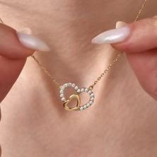 Nox Jewelry 14 Ayar Mikron Altın Kaplama Taşlı Çift Kalp Gümüş Kolye - CNS00675