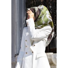 Vissona %100 Twill Ipek Geometrik Desenli Yağ Yeşili - Sütlü Kahve Renkli 90X90 Eşarp Dikim Şekli : El Dikiş