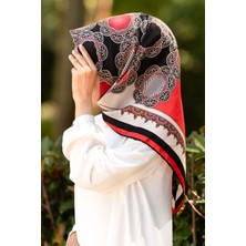 Vissona %100 Twill Türk Motifi  Desenli Siyah - Nar Çiçeği Renkli 90X90 Eşarp Dikim Şekli: El Dikişi