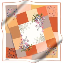 Vissona % 57 Ipek % 43 Viskon Twill Ipek Kareli ve Çıtır Çiçek Desenli Taba - Gold Renkli 90X90 Eşarp Dikim