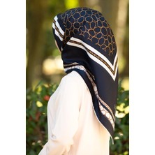 Vissona %100 Twill Ipek Gold Halka Desenli Lacivert - Krem Renkli 90X90 Eşarp Dikim Şekli : El Dikişi