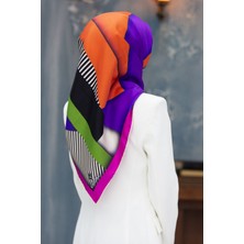 Vissona %100 Twill Renk Bloklu Çizgili Desenli Mor - Zümrüt Yeşili Renkli 90X90 Eşarp Dikim Şekli: El Dikişi