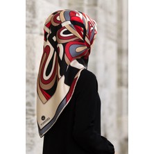 Vissona 100% Twill Ipek Geometrik Desenli Bej - Kırmızı Renkli 90X90 Dikim Şekli : El Dikişi Eşarp