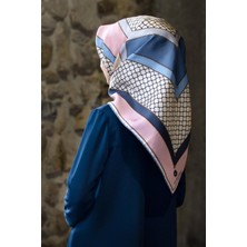 Vissona %100 Twill Ipek Geometrik Desenli Pudra - Bebe Mavisi Renkli 90X90 Eşarp Dikim Şekli : El Dikişi