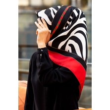 Vissona %100 Twill Ipek Zebra Desenli Kırmızı - Siyah Renkli 90X90 Eşarp Kenar Dikiş Şekli El Dikişli