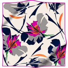 Vissona %100 Twill Ipek Çiçek Desenli Fuşya - Lacivert Renkli 90X90 Eşarp Dikim Şekli : El Dikişi