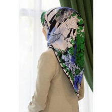Vissona %100 Twill Ipek Yaprak Desenli Saks - Zümrüt Yeşili Renkli 90X90 Eşarp Dikim Şekli : El Dikişi